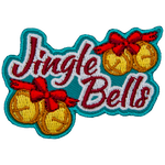 The word Jingle Bells has a set of yellow ball bells with a red ribbon to the top right and bottom left.