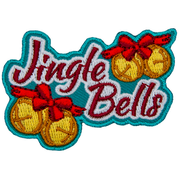 The word Jingle Bells has a set of yellow ball bells with a red ribbon to the top right and bottom left.