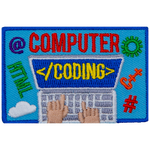 The words Computer Coding are on a top-down view of a laptop.