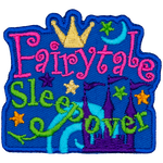 The words Fairytale Sleepover sit atop a purple castle.