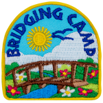 A wooden bridge connects two sides of a grassy field dotted with flowers. A blue stream runs peacefully under the bridge as birds soar in the sunny sky overhead.