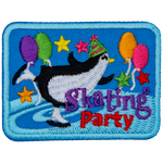 A penguin in a toque (knit cap) skates amongst balloons and stars.