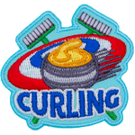 A curling stone sits in front of two crossed brushes with the tri-ringed 'home' in the background. The word Curling is below.