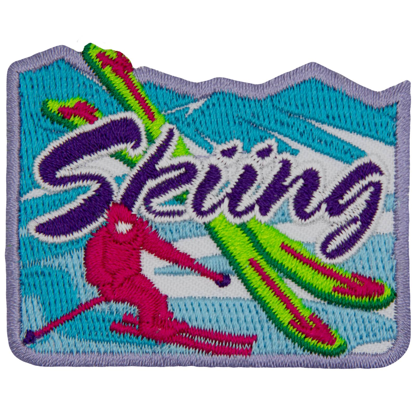 A pink skier is next to two crossed green skis. The word Skiing is across the middle.