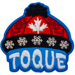 A red toque with a black brim is above the word Toque. 