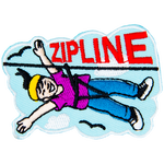 A person happily ziplines through the sky. The word Zipline is above them.