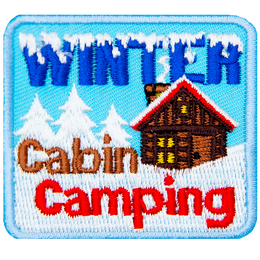 The words Winter Cabin Camping surround a red-roofed cabin in a snowy landscape. 