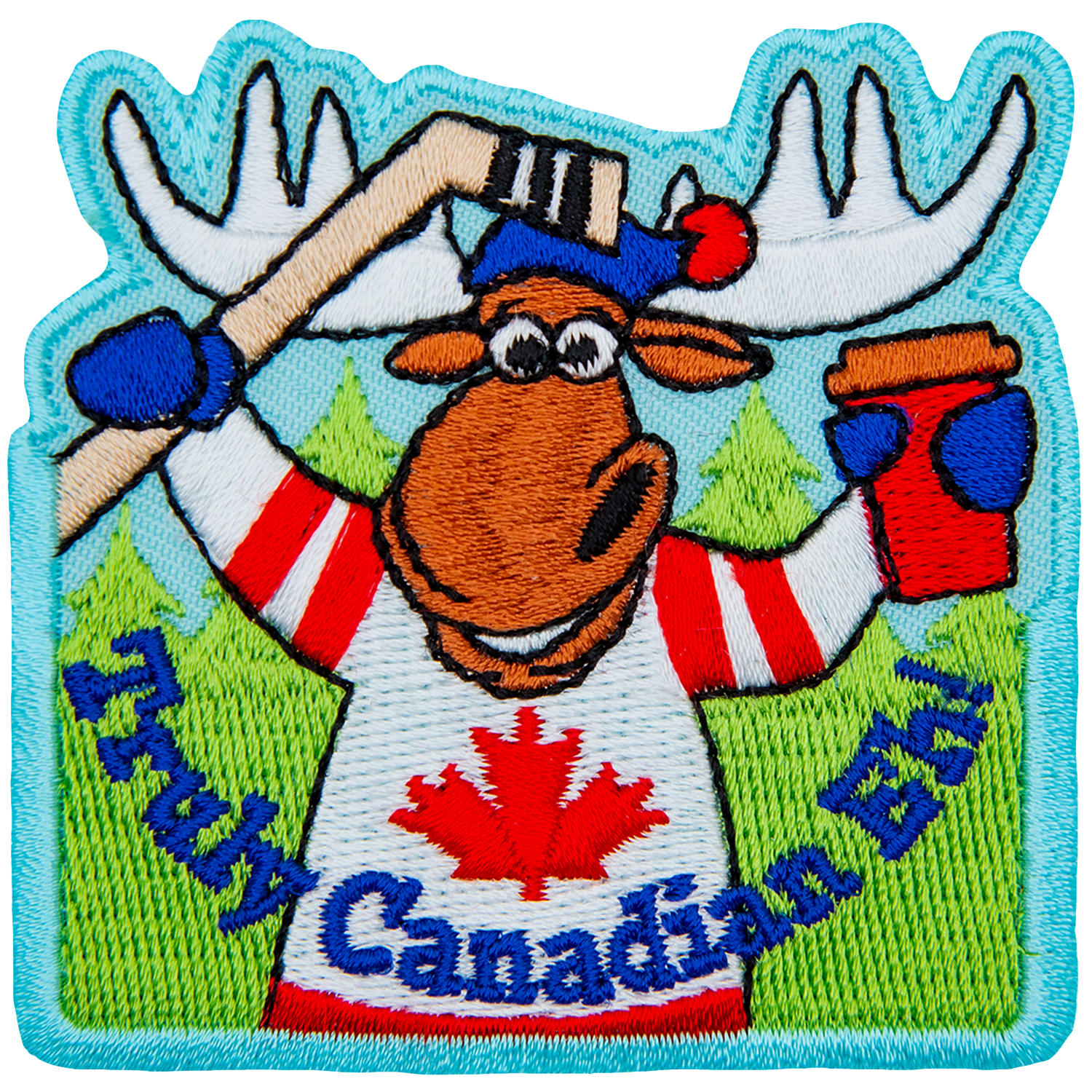 An anthropomorphic moose in a maple leaf jersey holds a hockey stick and coffee cup. The words Truly Canadian Eh! are across the bottom.