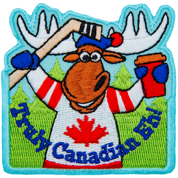 An anthropomorphic moose in a maple leaf jersey holds a hockey stick and coffee cup. The words Truly Canadian Eh! are across the bottom.
