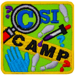 The words CSI Camp are within a magnifying glass and yellow tape. A glove and dropper are examining footprints.