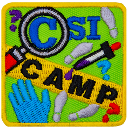 The words CSI Camp are within a magnifying glass and yellow tape. A glove and dropper are examining footprints.