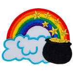 A rainbow arcs over a puffy white cloud, ending in a pot of gold. Stars appear to be coming from the rainbow to fill the pot.