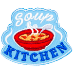 The words Soup Kitchen surround a red bowl of soup.