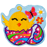 A baby chick pops out of a colourfully dyed Easter egg as a butterfly, and two flowers fill the background.