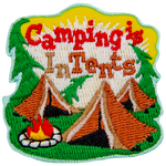 The words Camping Is In Tents are above three brown tents.