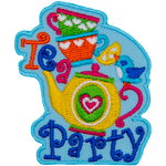 The words Tea Party are around tea cups and a teapot.