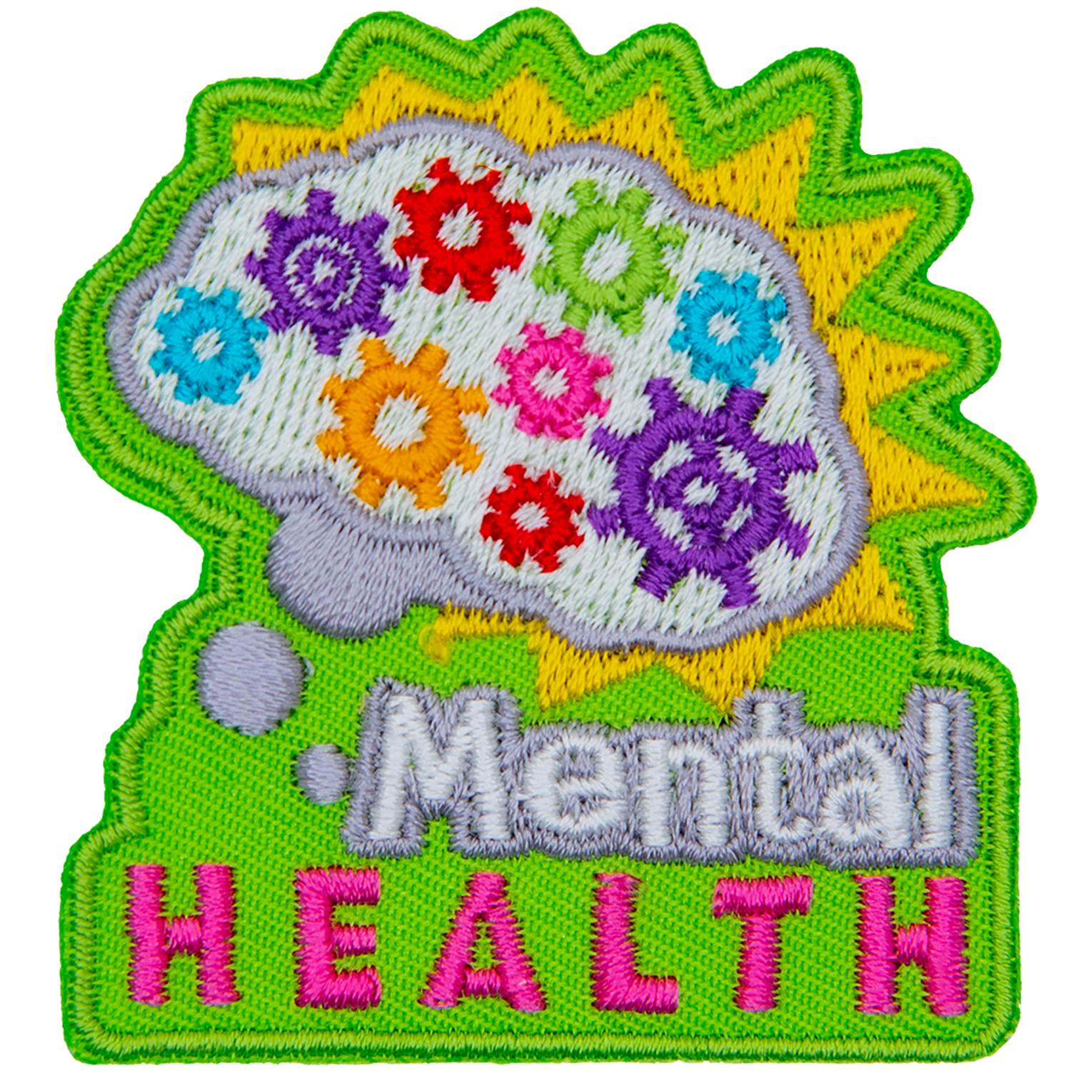 A brain is filled with multi-coloured gears. The words Mental Health are underneath it.