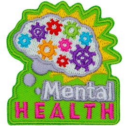 A brain is filled with multi-coloured gears. The words Mental Health are underneath it.