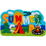 The words Summer Camp are spelt using a tent as the A and with a sun framing the M.