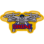 A quadcopter-style drone hovers on a yellow background. The word Drone is under the drone.