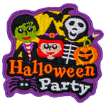 The words Halloween Party are underneath three trick-or-treaters: a zombie, a witch and a skeleton.