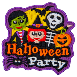The words Halloween Party are underneath three trick-or-treaters: a zombie, a witch and a skeleton.