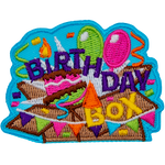 The words Birthday Box are over a smashed box with balloons coming out of it.