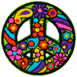 This peace sign is decorated with a paisley pattern, complete with flowers and wild colours.