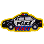 This patch is a black and white police car with text on the door that says Police Visit.