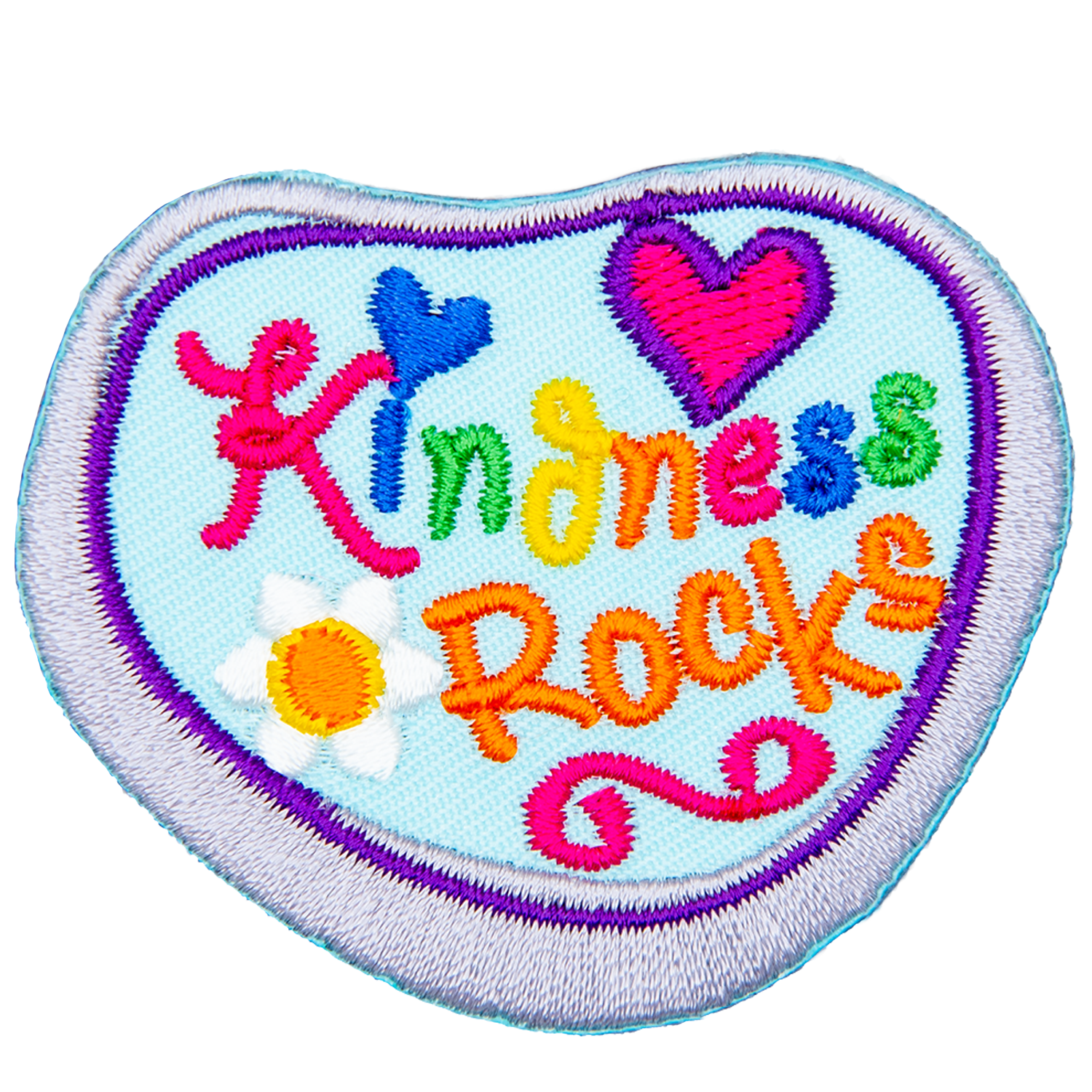 This rock-shaped patch has the words Kindness Rocks embroidered amongst a heart and a flower.