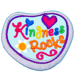 This rock-shaped patch has the words Kindness Rocks embroidered amongst a heart and a flower.