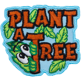 The words Plant A Tree are sewn in brown thread. Green leaves grow from them. One leaf has a curious face.