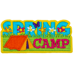 The words Spring Camp are across a grassy field. A red tent sits next to the word Camp. 