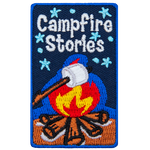 A willow stick holds a marshmallow over a roaring campfire. The background is the dark blue of the night sky speckled with stars.