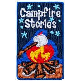 A willow stick holds a marshmallow over a roaring campfire. The background is the dark blue of the night sky speckled with stars.