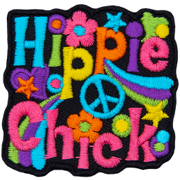 This crest displays the words Hippie Chick surrounded by signs of the retro era such as flowers, peace signs, stars, and hearts.