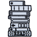 A stack of 8 books is outlined in black thread, with the bottom book titled Read.