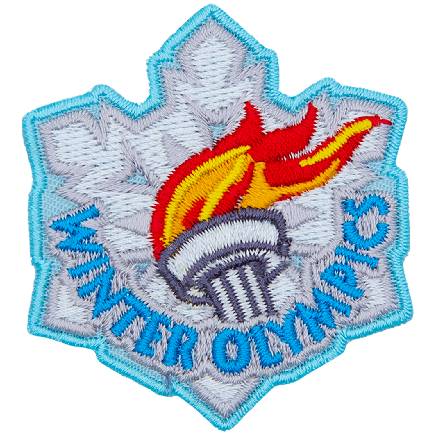 The lit Olympic torch sits on a white snowflake. Winter Olympics is embroidered at the bottom.