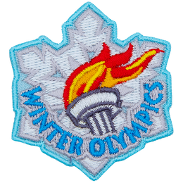 The lit Olympic torch sits on a white snowflake. Winter Olympics is embroidered at the bottom.