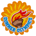 The lit Olympic torch sits in front of a blazing sun. Summer Olympics is embroidered at the bottom.