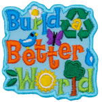Build a Better World is stitched across this patch. Different green symbols surround it, and some letters are replaced with symbols.