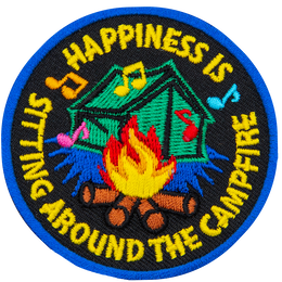 The words Happiness Is Sitting Around The Campfire in a circle around a camping tent and campfire.