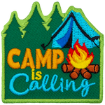 A blue tent is above the words Camp Is Calling.