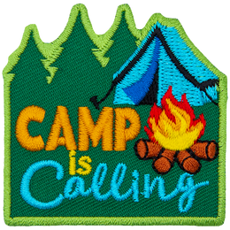 A blue tent is above the words Camp Is Calling.