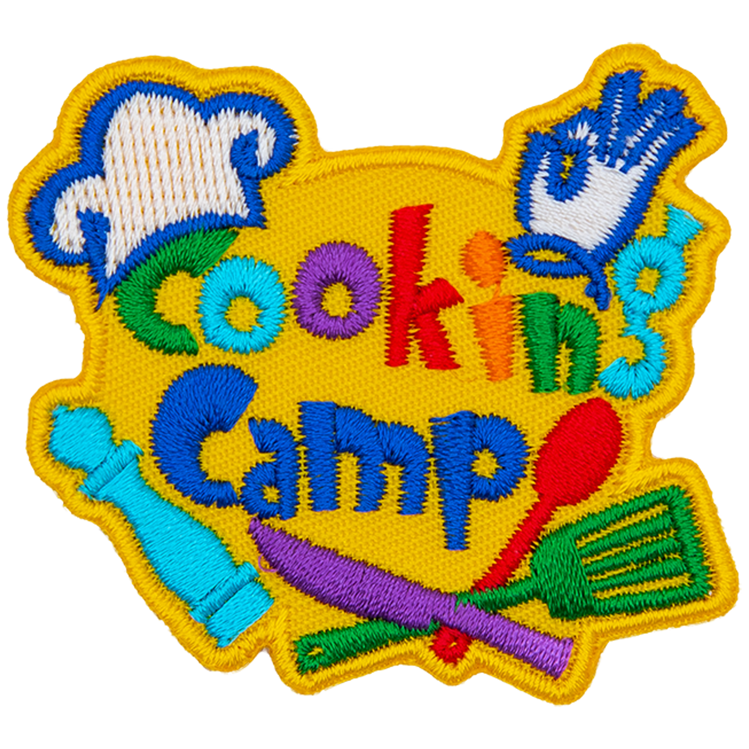 The words Cooking Camp are surrounded by cooking utensils and a chef's hat.