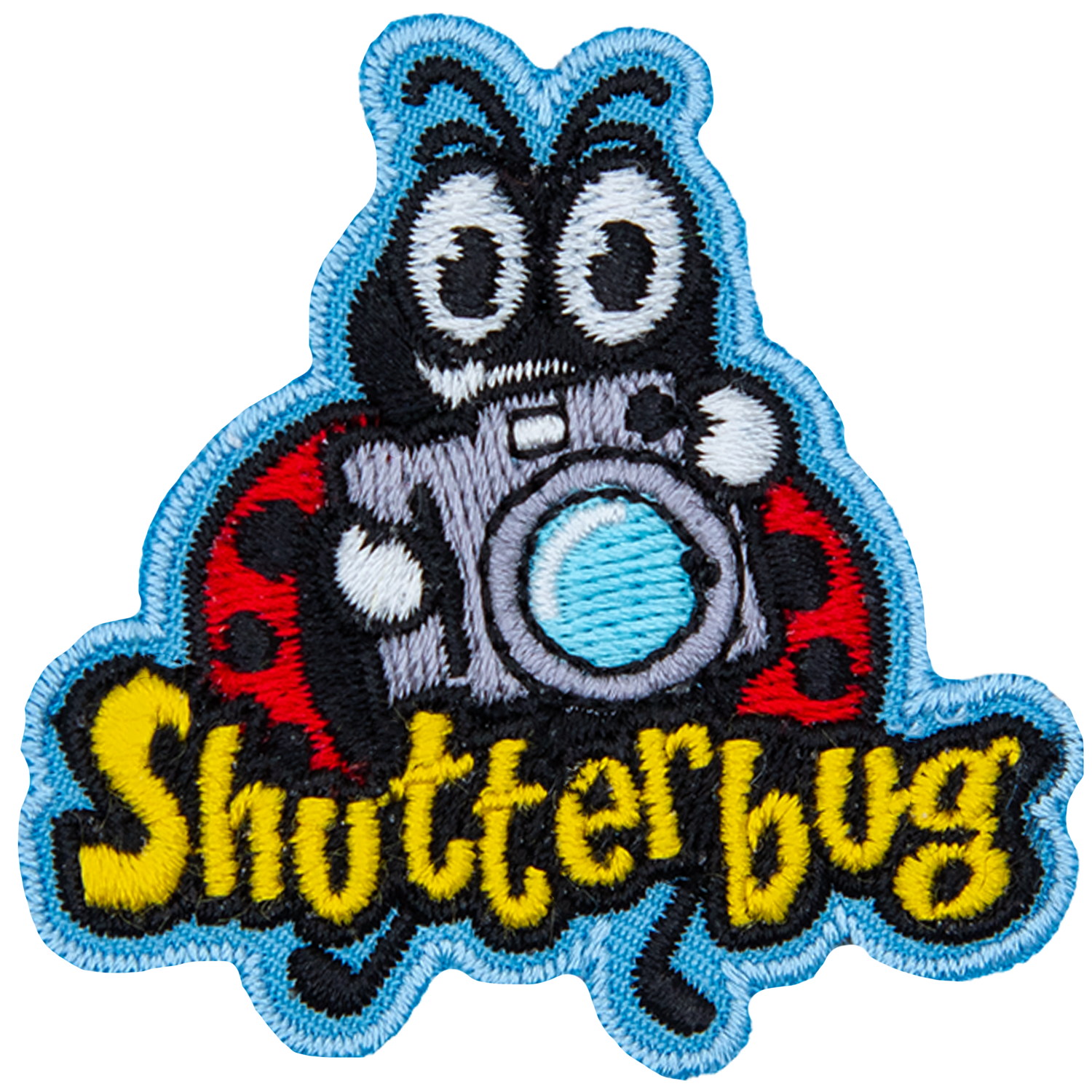 A ladybug holds up a retro camera. The word Shutterbug is stitched across the bottom.  Photography.