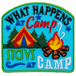 The words What Happens At Camp Stays At Camp are around a red tent and campfire.