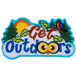 The words Get Outdoors are below a sun and several trees. A bird sits in a branch at the top. 