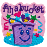 A smiling purple bucket is overflowing with hearts, stars, and confetti. The words Fill A Bucket is embroidered at the top of the patch.
