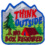 A red tent and pine tree in front of a mountain. The words Think Outside No Box Required are around it.
